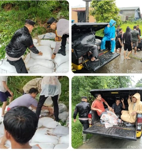 Polres Pelabuhan Belawan dan Warga Bahu-Membahu Perbaiki Tanggul Sungai Deli yang Jebol di Panah Hijau