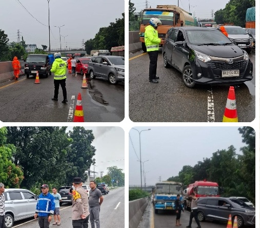 Sat Lantas Polres Pelabuhan Belawan Terapkan Contra Flow Akibat Banjir 1 Meter di Ruas Tol Arah Belawan
