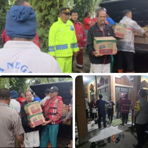 Banjir Rendam Langkat, Polres Salurkan Bantuan Sembako dan Nasi Bungkus ke Pengungsi