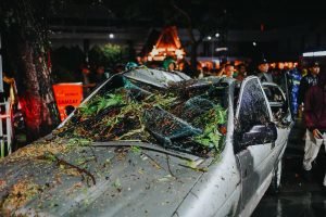 *Satu Unit Mobil Ringsek Tertimpa Pohon Tumbang Akibat Diterpa Hujan Deras dan Angin Kencang Yang Melanda Kota Medan,