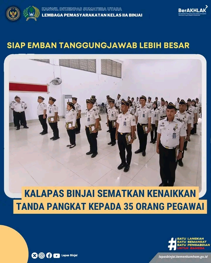 Kalapas Binjai Sematkan kenaikan Tanda Pangkat Kepada 35 orang pegawai